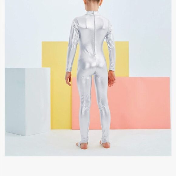 Kepblom Girls Shiny Metallic Mock Neck Unitard Long Sleeve Bodysuit Costume, NWT - Picture 2 of 9